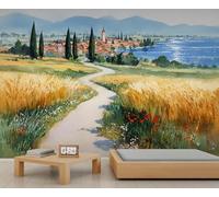 QDJKBL Italian Land Scape Mural Watercolor Tuscan Countryside Mural Cypress Trees Lakeside Town Wallpaper Wheat Fields Idyllic Path Wallpaper for Living Room Bedroom 500 x 317 cm