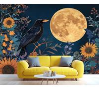 QDJKBL Jungle Botanical Floral Wallpaper Sunflower Floral Mural Full Moon Moonlight Forest Mural Black Crow Murals Natural Landscape Wallpaper for Bedroom Living Room 300 x 210 cm