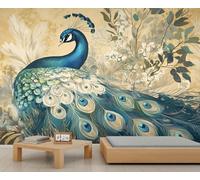 QDJKBL Large Peacock Mural Vintage Tropical Plant Mural Elegant Peacock Wallpaper Forest Animal Murals Not Peel and Stick Wallpaper for Living Room Bedroom 450 x 305 cm