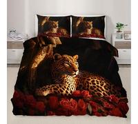 QDJKBL Leopard Bedding Set Sunset Forest Animal Duvet Cover Floral Wildlife Comforter Cover King Duvet Covers Red Rose Flower Safari Animal Comforter Set for Bedroom