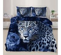 QDJKBL Leopard Duvet Cover Navy Blue Rose Cheetah Bedding Set Luxury Floral Wildlife Comforter Cover Double Duvet Covers 3D Forest Animal Quilt Bed Set With Pillowcases for Bedroom