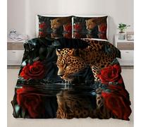 QDJKBL Leopard Duvet Cover Wild Cheetah Water Reflection Wildlife Bedding Set Single Duvet Covers Roses Floral Animals Quilt Covers Comforter Set for Bedroom Livingroom