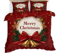 QDJKBL Merry Christmas Comforter Cover Luxury Classic Christmas Duvet Cover Set Red Bow Pine Wreath Golden Bells Bedding Set With Zipper Closure Super King 260 x 230 cm
