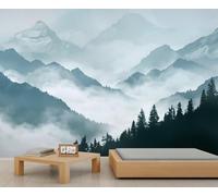 QDJKBL Misty Mountain Wall Mural Foggy Forest Landscape Wallpaper for Bedroom Layered Peaks Mural Misty Alpine Forest Murals for Living Room Kitchen 400 x 280 cm