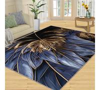 QDJKBL Navy Blue Gold Leaves Plant, Area Rug 120 X 170 Cm 3D Luxurious Tropical RainForest Palm Leaves Modern Rug, Office Rug Fuzzy Plush Soft for Office Balcony Dorm Room