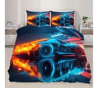QDJKBL Neon Fire Sports Car Duvet Cover Supercar Comforter Set Tech-Inspired Racing Car Bedding Set King Duvet Covers Sci-Fi Gaming Themed Comforter Cover for Bedroom