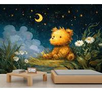 QDJKBL Oil Painting Teddy Bear Wall Mural Starry Night Sky Mural Wallpaper Crescent Moon Daisies Murals Oil-Painted Starry Sky Wallpaper for Living Room Bedroom Bathroom 250 x 175 cm