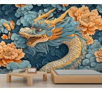 QDJKBL Oriental Dragon Murals 3D Chinese Dragon Mural Blue Gold Carved Art Mural Vintage Butterfly Peony Mural Fantasy Animal Murals for Living Room Bedroom Dining Room 365 x 254 cm