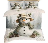 QDJKBL Retro Christmas Snowman Duvet Cover Rustic Xmas Snowman Duvet Cover Pine Cones Snowy Forest Bedding Set Ultra Soft Comforter Set With Zipper Ties Double 200 x 200 cm