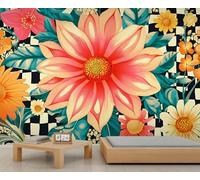 QDJKBL Retro Floral Mural 3D Watercolor Floral Wallpaper Jungle Botanical Flowers Mural Black White Chessboard Background Hd Printing Wallpaper for Living Room Bedroom 350 x 256 cm