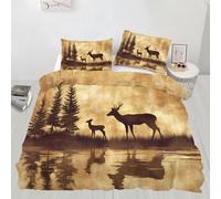 QDJKBL Retro Forest Animal Bedding Sets Deer Comforter Cover Vintage Hunting Theme Duvet Cover Single Duvet Covers Pine Tree Lake Reflection Bedding Set for Bedroom Decor