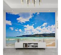 QDJKBL Seaside City Ocean Beach Wall Murals 3D Blue Sky and White Clouds Natural Scenery Wallpaper Mural Wall Stickers Colorfast Fill Wall Holes for Apartment Dining Room Office - 250 x 175 cm