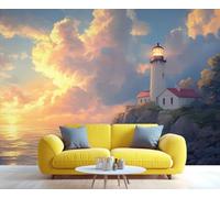 QDJKBL Seaside Lighthouse Mural Sunset Ocean Landscape Mural 3D Coast Lighthouse Wallpaper for Bedroom Coastal Scenery Murals for Living Room Dining Room 430 x 300 cm