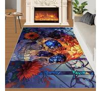 QDJKBL Stained Glass Skull Area Rug Boho Gothic Skull Carpet for Living Room Retro Floral Skeleton Area Rugs Bright Color Foldable Carpet for Bedroom Kitchen 120x170 cm