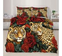 QDJKBL Tiger Leopard Duvet Cover Red Rose Cheetah Comforter Cover Forest Floral Animals Comforter Set Single Duvet Covers Jungle Wildlife Bedding Set Animal Theme Bedroom Decor