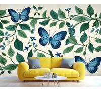 QDJKBL Vintage Butterfly Floral Wallpaper Navy Blue Butterfly Mural Green Vine Botanical Mural Tropical Plants Flowers Murals for Living Room Dining Room 350 x 256 cm