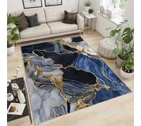 QDJKBL Washable Rug 150 X 200 Cm Luxurious Navy Blue Marble, Gold Plated Curved Crack Lines Lounge Rug, Non-Slip Mat Soft and Comfortable for Home Decor