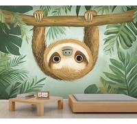 QDJKBL Wild Sloth Mural 3D Cute Sloth Wallpaper Green Palm Leaves Mural Tropical Jungle Animals Murals Forest Animal Wallpaper for Bedroom Living Room Murals Not Peel and Stick 450 x 305 cm