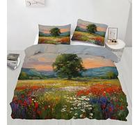 QDJKBL Wildflower Field Duvet Cover Floral Landscape Comforter Cover King Duvet Covers Lone Tree Mountain Views Bedding Set Oil Painting Nature Comforter Set for Bedroom
