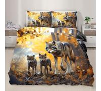 QDJKBL Wolf Duvet Cover Forest Animals Bedding Set Wildlife Comforter Cover Super King Duvet Covers Golden Leaves Autumn Landscape Comforter Set With Zipper Ties for Bedroom