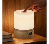 QDPKPI Nursery Night Light with Clock for Kids, Touch Lamp Bedside Desk Lamp, Portable Breastfeeding Night Lamp for Baby, 3 Color Stepless Dimming Up for Restaurant,Bedroom,Rechargeable (Wood Grain)