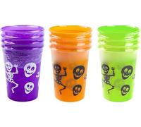 QDS Halloween Trick or Treat Plastic Drinks Cups for Kids Party Tableware (Green, Purple & Orange, 12 Cups)