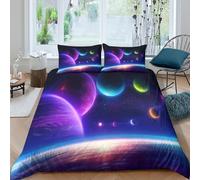 QDZHCPMYK 3D Printed Cosmic planets Duvet Cover Polyester Neon space fantasy Quilt Cover Stain Resistant Easy Care for Uni Student Shared Apartment Bedroom Daily Use Double（200x200cm）