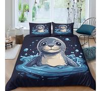 QDZHCPMYK 3D Printed Cute seal swimming Bed Cover Microfiber Cartoon animal design Bedding Cover Fade Resistant Wrinkle Free for Housewarming Gift New Home Bedroom Bedding Use King（220x240cm）