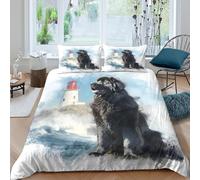 QDZHCPMYK 3D Printed Newfoundland Dog Comforter Cover Microfiber Coastal Lighthouse Bed Cover Stain Resistant Quick Drying for Teen Bedroom Young Adults Rental Apartment Use Single（135x200cm）