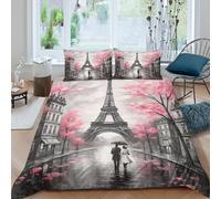 QDZHCPMYK 3D Printed Paris Eiffel Tower Bedding Cover Brushed Microfiber Romantic street scene Comforter Cover Breathable Soft for Young Adults Rental Apartment Teen Bedroom Use Super king（260x220cm）