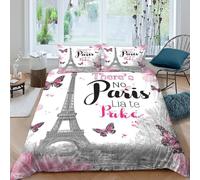 QDZHCPMYK 3D Printed Paris Eiffel Tower Bedding Cover Soft Fabric Pink Butterfly Duvet Cover Lightweight Breathable for Young Adults Rental Apartment Teen Bedroom Use King（220x240cm）