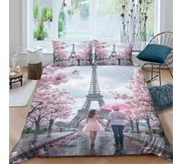 QDZHCPMYK 3D Printed Paris Eiffel Tower Comforter Cover Premium Polyester Romantic Spring Scene Quilt Cover Wrinkle Free Durable for Young Adults Rental Apartment Bedroom Use Single（135x200cm）