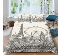 QDZHCPMYK 3D Printed Paris landmarks Comforter Cover Microfiber vector illust Bed Cover Stain Resistant Quick Drying for Teen Bedroom Young Adults Rental Apartment Use King（220x240cm）
