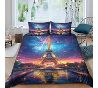QDZHCPMYK 3D Printed Paris Night Bedding Cover Microfiber Illuminated Tower Bed Cover Soft Comfortable Quick Drying for Uni Dorm Student Rental Apartment Bedroom Use Super king（260x220cm）