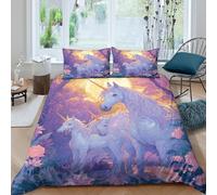 QDZHCPMYK 3D Printed Unicorn Family Bedding Cover Brushed Microfiber Magical Forest Scene Comforter Cover Soft Breathable Wrinkle Free Hypoallergenic for Guest Room Daily Use King（220x240cm）