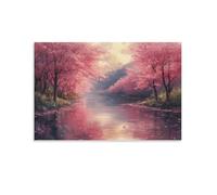 QDZHCPMYK Cherry TreePrint, Canvas Wall Art, Pictures for Living Room And Bedroom, Oil Painting Style Lakes Pink Blossoms Framed Prints for Walls, Print for Special Occasions 20x30inch(50x75cm)