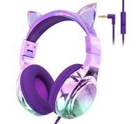 QearFun Kids Cat Ear Headphones Wired with Mic, 85/94dB Safe Volume Limit, Sparkly Wired Headset, Foldable, Sharing Port & Tangle-Free Cord for School, Chromebook, Tablet, Travel, Boys & Girls