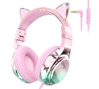 QearFun Kids Cat Ear Headphones Wired with Mic, 85/94dB Safe Volume Limit, Sparkly Wired Headset, Foldable, Sharing Port & Tangle-Free Cord for School, Chromebook, Tablet, Travel, Boys & Girls
