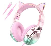 QearFun Kids Cat Ear Headphones with USB C for Girls with Microphone, 85/94dB Safe Volume Limiter, Tangle-Free Cord, Share Port, Foldable Sparkly Wired Headset for School, Travel, Tablet, iPad