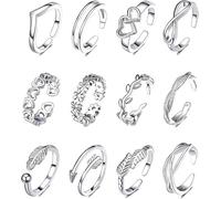 QEBIDVL Adjustable Toe Rings for Women Open Toe Rings Set for Women Silver Plated Adjustable Women's Knuckle Ring Arrow Knot Star Moon Foot Ring Set Party And Everyday Wear (12Pcs Silver)