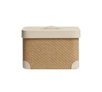 Qectial Storage Container Woven Box Lidded Bin Organizer Basket Rectangular Tote with Jute and Leather Exterior Attached Lid and Top Handle for Easy Carry, White, Small