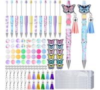 Qeeenar 130 Pcs Beadable Pens Kit Butterfly Bead Plastic Ballpoint Pen with Assorted Spacer Silicone Bead Tassel Lobster Clasp and Packaging Bag for Keychain Making Office School Kid Gift Black Ink