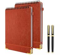 Qeeenar 2 Pack Top Spiral Notebooks with 2 Pens, 11 x 8.5 Inch Leather Large Steno Pads College Ruled Left Handed Writing 160 Pages 80gsm Thick Paper for Office School Meeting(Brown)