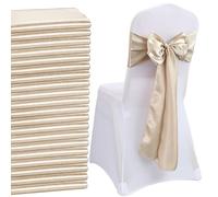 QeeFop Pack of 50 Champagne Gold Satin Sashes Wedding Chair Bow, Elastic Chair Sashes for Wedding Decoration, Birthday, Banquet, Party, Chair Decoration (Champagne Gold)