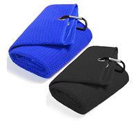 QeeHeng 2PCS Golf Towel, Funny Golf Towel With Clip For Golf Bags For Men, Tri-Fold Microfiber Waffle Pattern Golf Towels Set(Black+Blue)