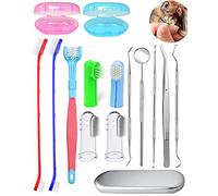 QeeHeng Dog Tooth Brushing Kit, 3 Sided Finger Tooth Brush for Pet,Long Handle Toothbrush,Metal Dental Care Tools, Complete Tooth Cleaning Set for Pets(15Pcs)