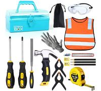 QeeHeng Kids Real Tool Set - 20Pcs Construction Tools With Blue Toolbox And Protective Clothing, Woodworking Set For Beginner, Educational Gift