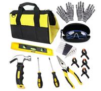 QeeHeng Kids Real Tool Set, 24 Pcs Beginner Carpentry Tools With Tool Bag, Child-Sized Hammer, Pliers, Screwdrivers, Horizontal,Protective Goggles, Gloves, Boys & Girls DIY Gift