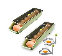 QeeHeng Stackable Egg Holder for Refrigerator - 2-Pack Auto-Rolling Food-Safe Container with with 2 Egg Cooker Rings, Semi-Transparent Space-Saving Organizer with Slope Design (Green)