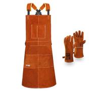 QeeLink Leather Welding Apron with Gloves for Men and Women, Work for Carpenter, Woodworker with 6 Pockets, Adjustable M to XXL